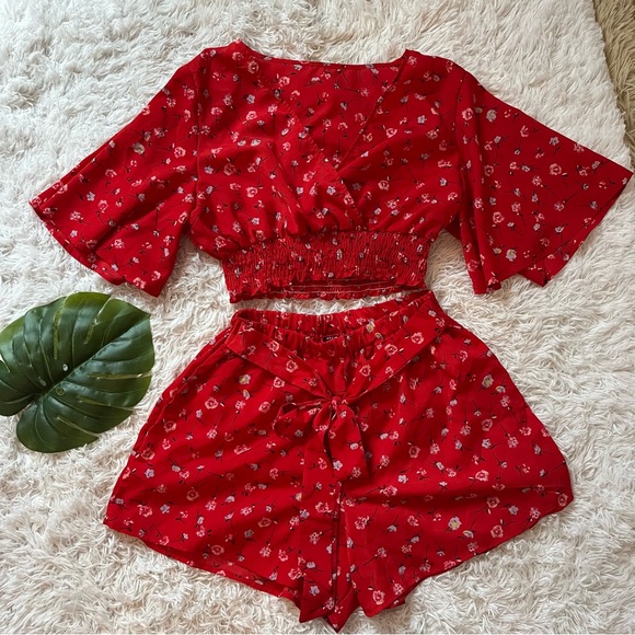SHEIN Pants - SHEIN | Red Floral Two Piece Set, Shorts and Short Sleeve Size Medium